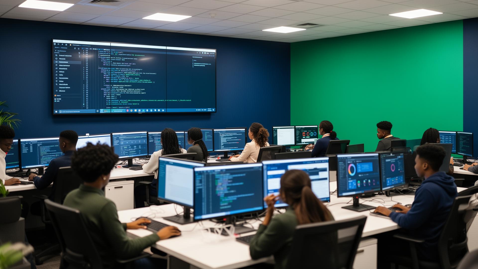 Diverse South African students training in a modern ICT computer lab